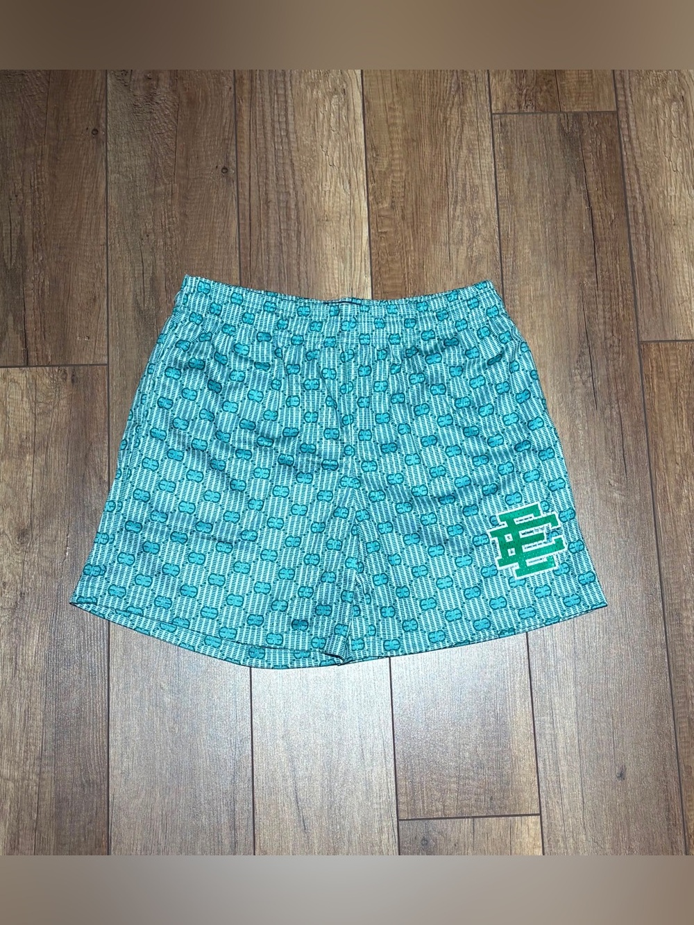 Eric Emanuel EE x Gucci Teal Blue Green Patterned Athletic Mesh Shorts New